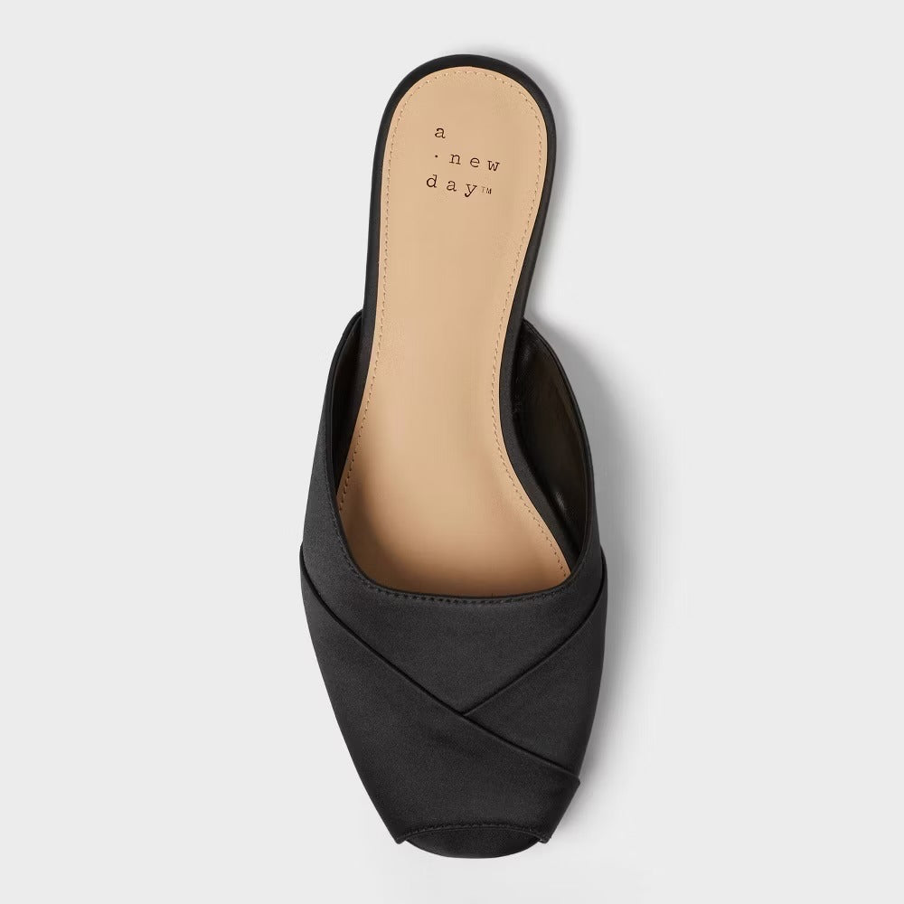 K-59 A New Day Trina Satin Peep Toe Mule Flats in Black Size 9
