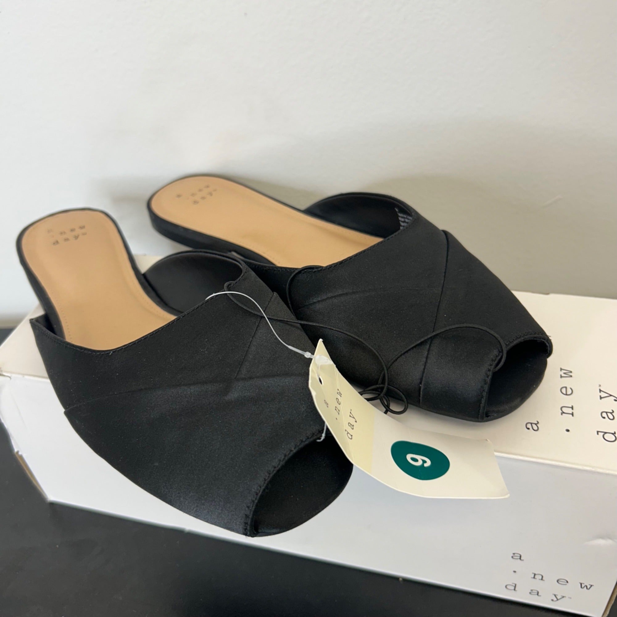 K-59 A New Day Trina Satin Peep Toe Mule Flats in Black Size 9