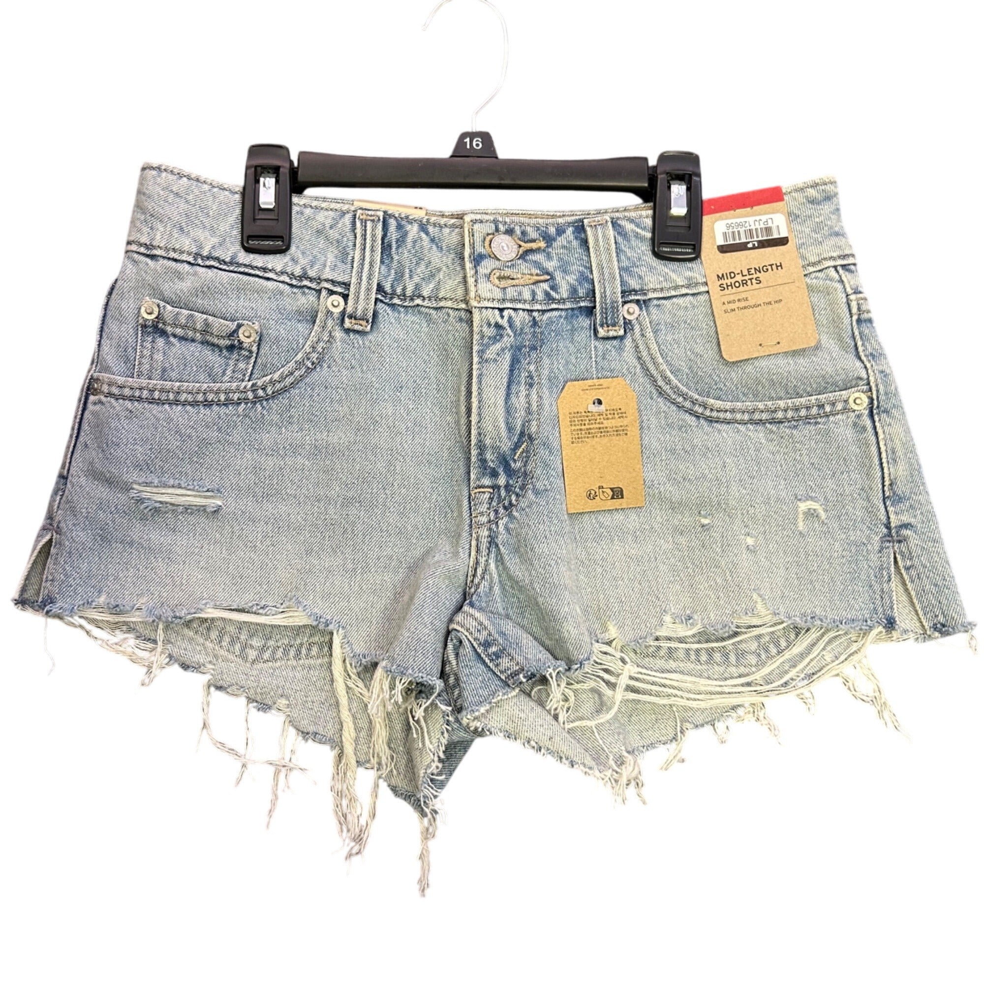 K-302 Levis Mid-Length Distressed Denim Shorts Light Wash Frayed Hem Size 26