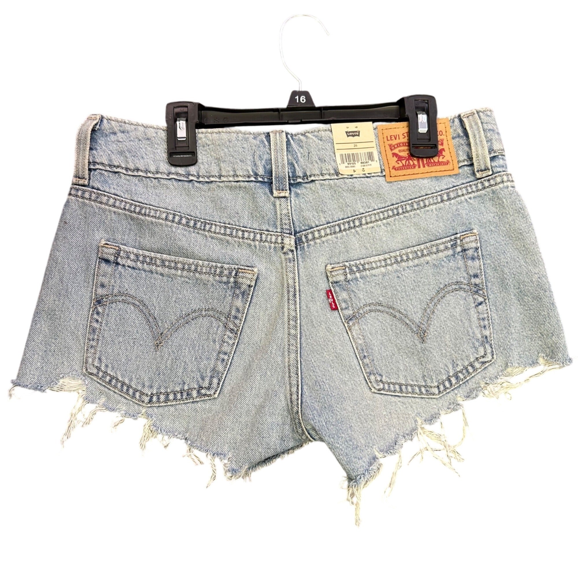 K-302 Levis Mid-Length Distressed Denim Shorts Light Wash Frayed Hem Size 26