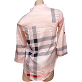 El Fin Women's 3/4 Sleeve Plaid Blouse Juniors Size Large, Pale Pink