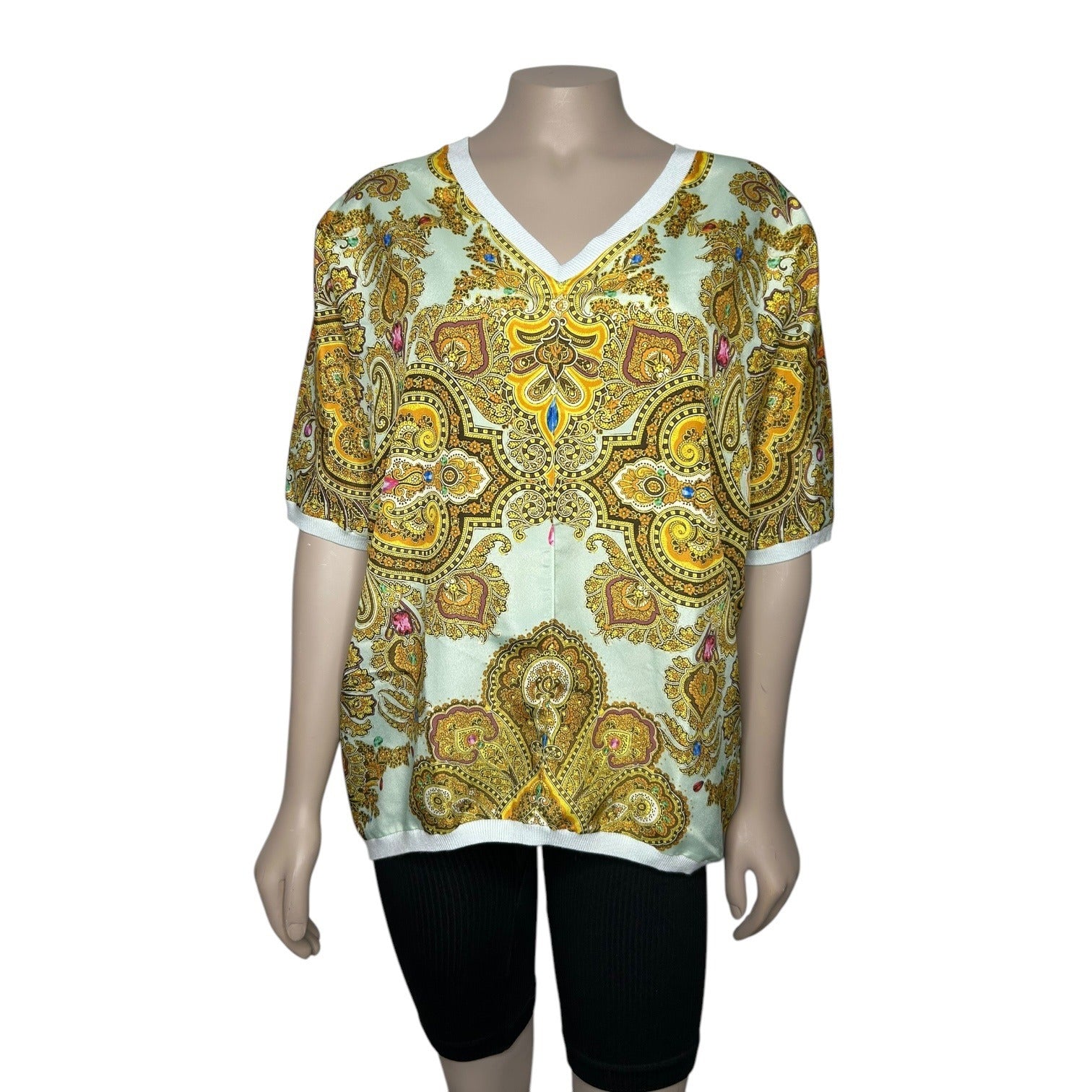 Ted Baker London Women's Size 1 Gold on Green Paisley Print V-Neck Short Sleeves Top