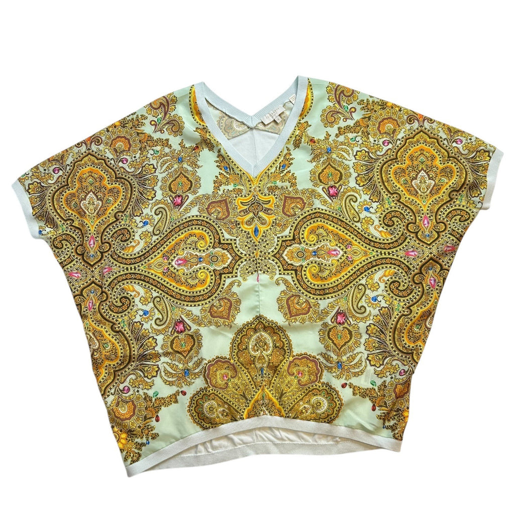 Ted Baker London Women's Size 1 Gold on Green Paisley Print V-Neck Short Sleeves Top