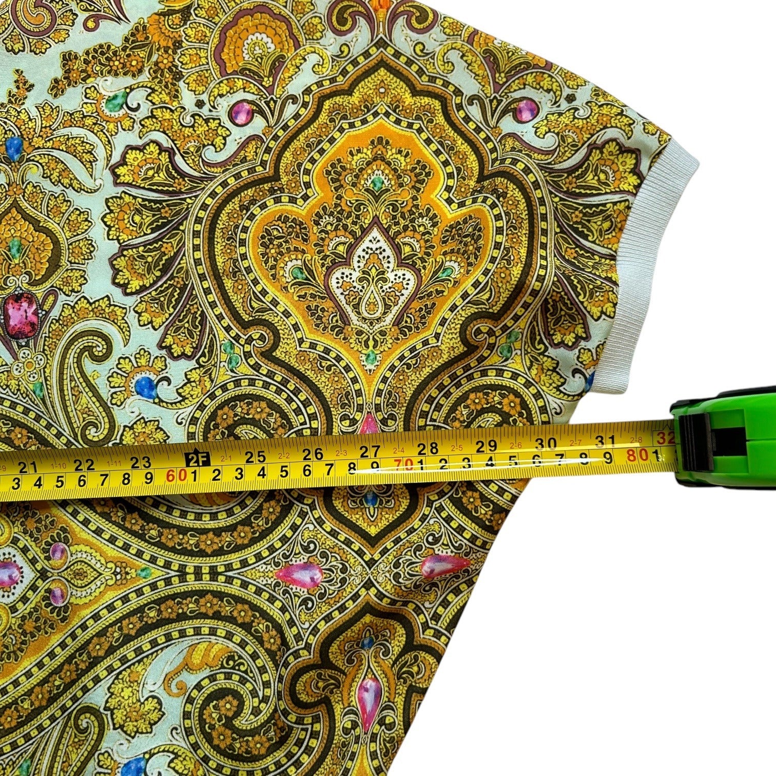 Ted Baker London Women's Size 1 Gold on Green Paisley Print V-Neck Short Sleeves Top