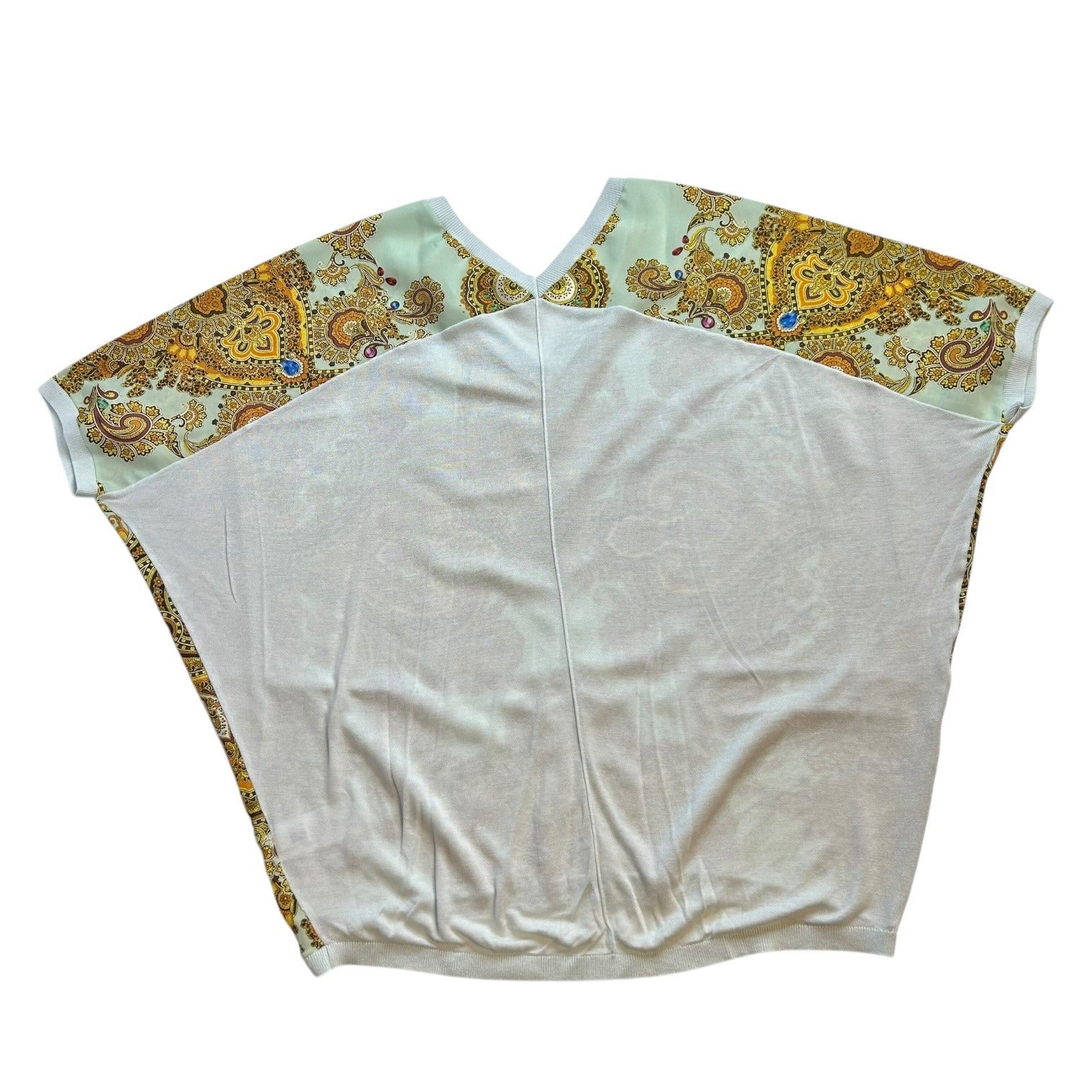 Ted Baker London Women's Size 1 Gold on Green Paisley Print V-Neck Short Sleeves Top