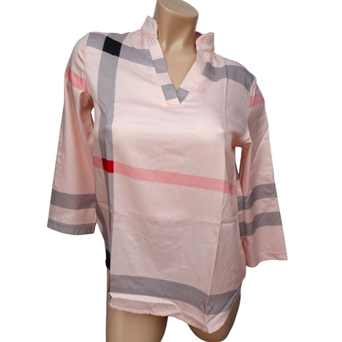 El Fin Women's 3/4 Sleeve Plaid Blouse Juniors Size Large, Pale Pink