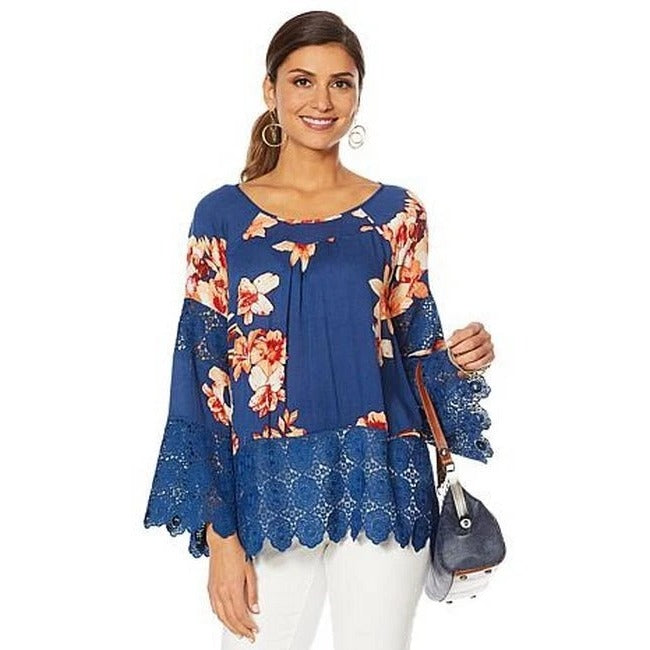 #1167 Curations Size M Blue Orange Floral Crochet-Trim Tunic Blouse