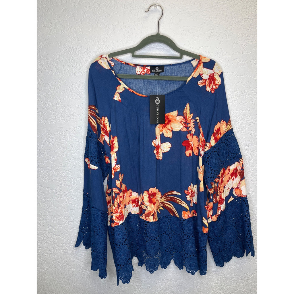 #1167 Curations Size M Blue Orange Floral Crochet-Trim Tunic Blouse