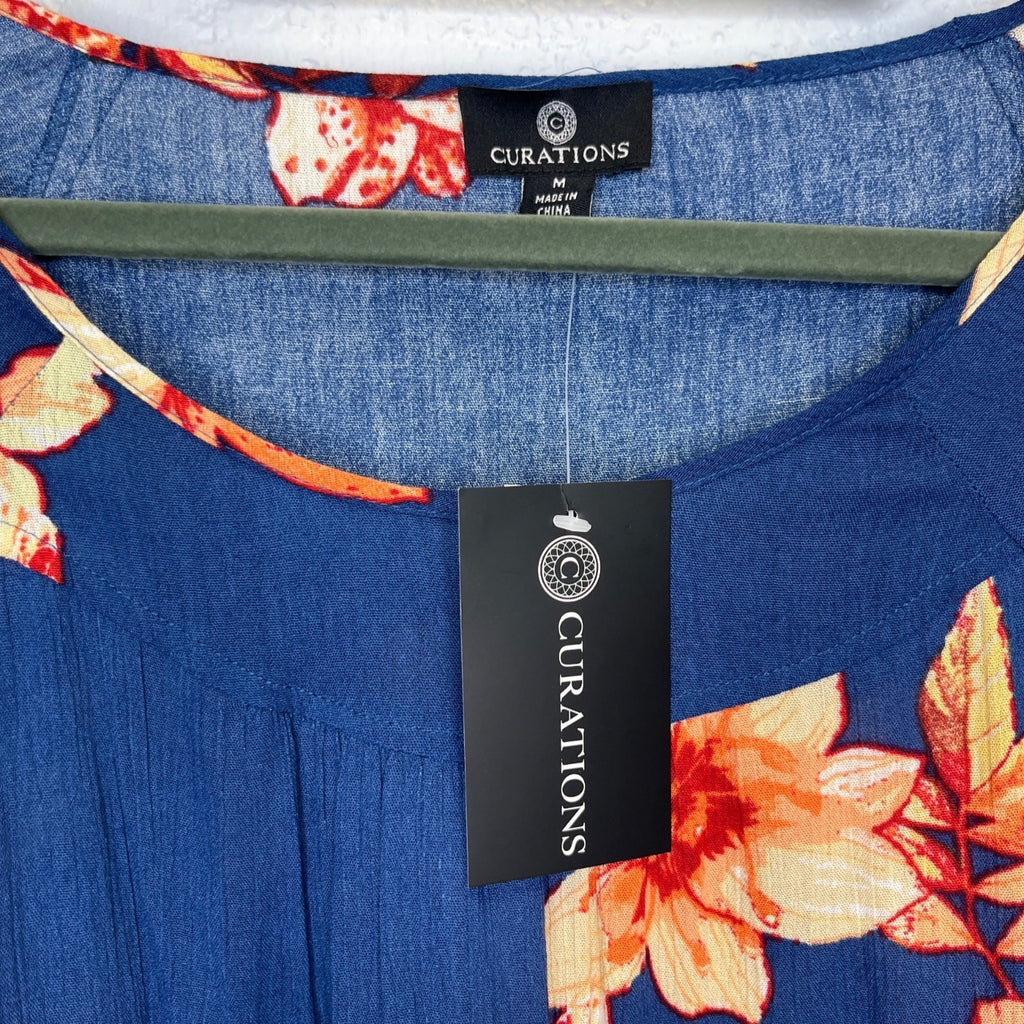#1167 Curations Size M Blue Orange Floral Crochet-Trim Tunic Blouse