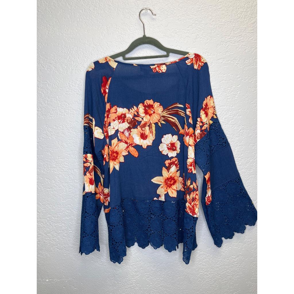 #1167 Curations Size M Blue Orange Floral Crochet-Trim Tunic Blouse