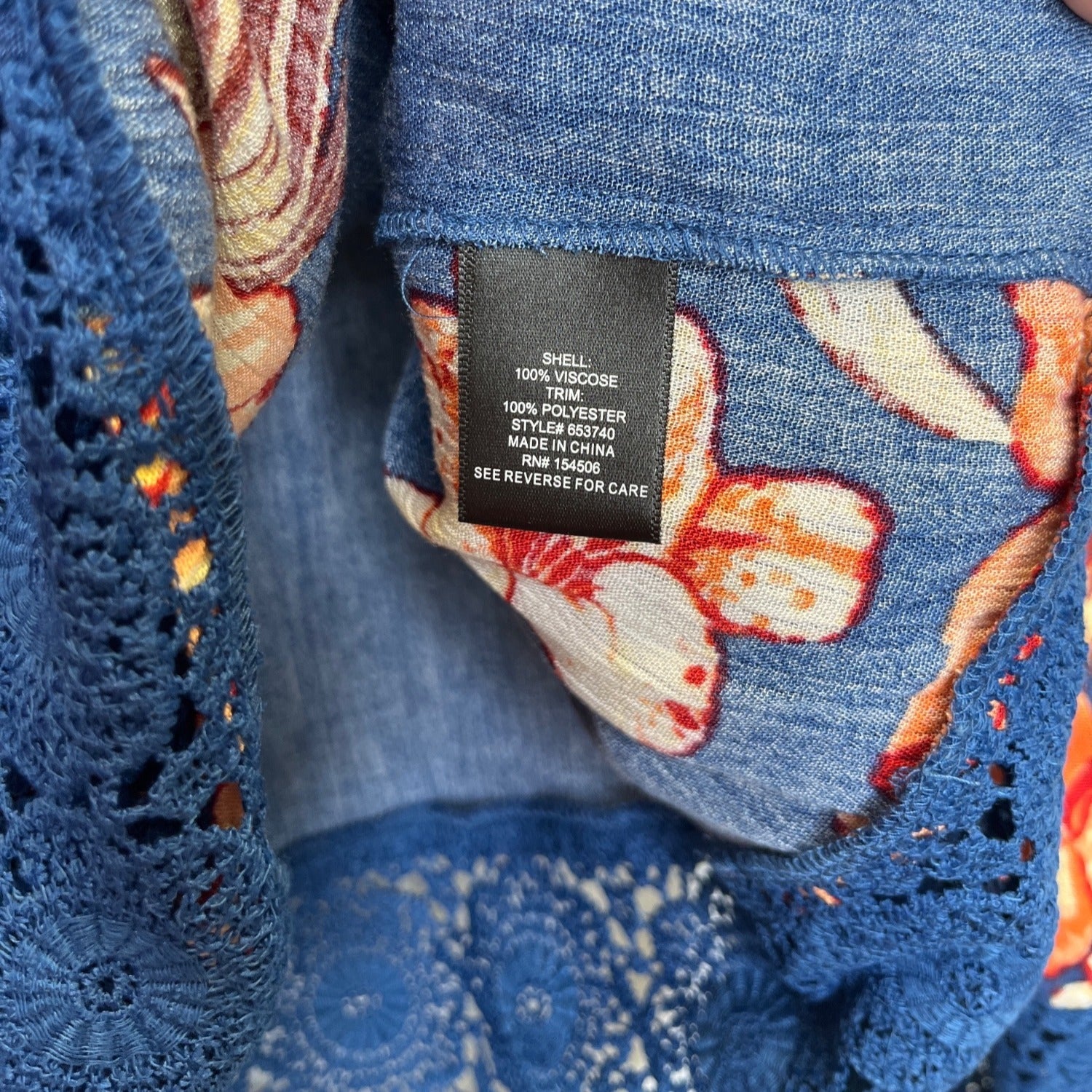 #1167 Curations Size M Blue Orange Floral Crochet-Trim Tunic Blouse