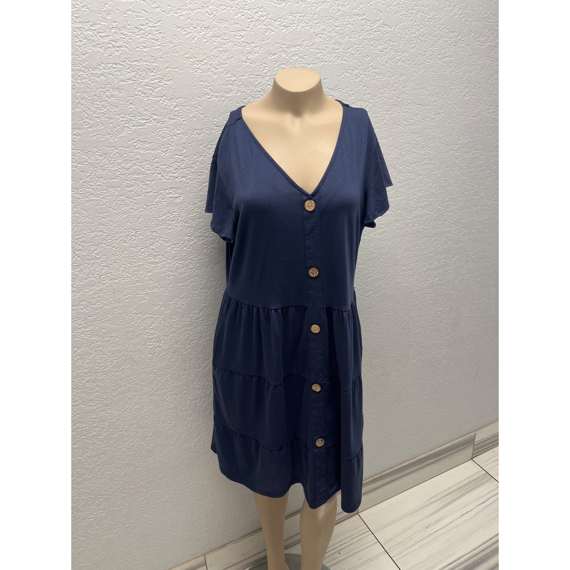 #1099 Women's Tiered Button-Down Navy Blue Dress V-Neck Short Sleeve Size XL