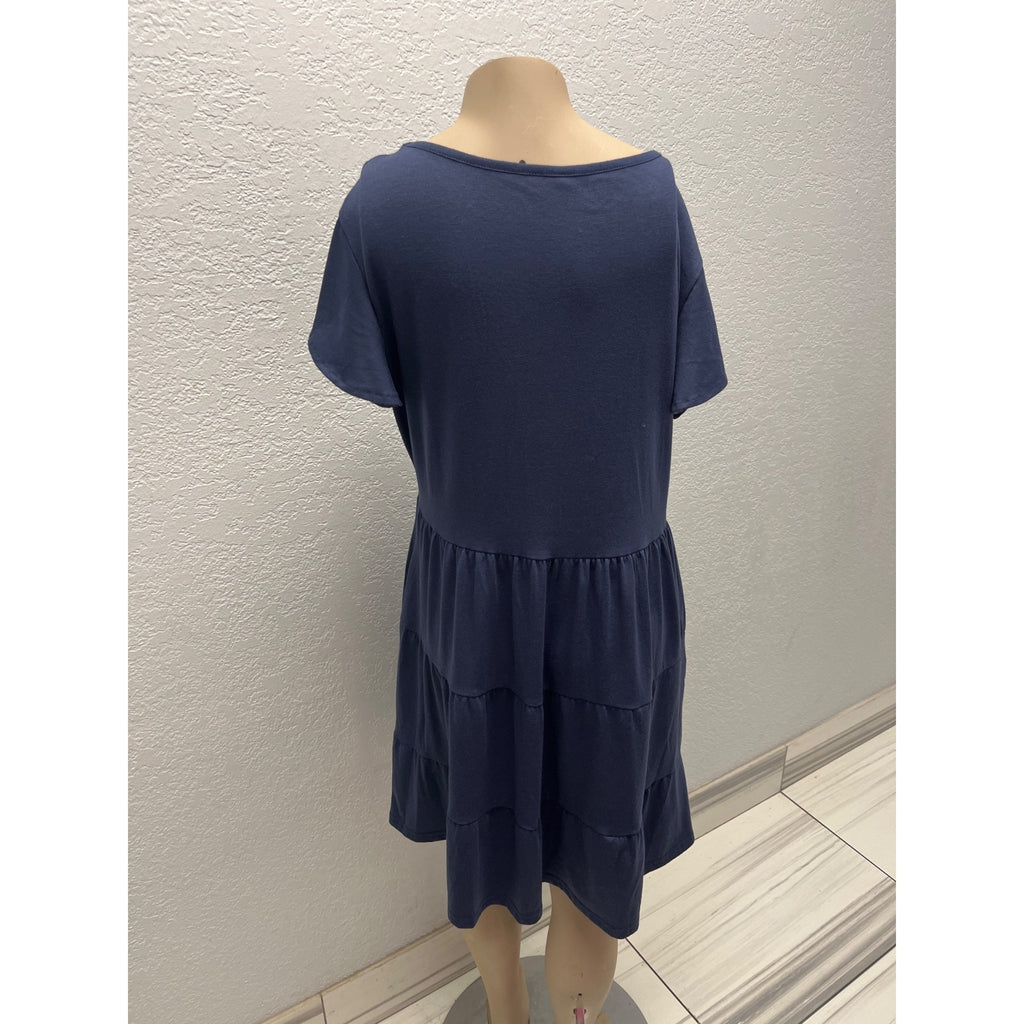 #1099 Women's Tiered Button-Down Navy Blue Dress V-Neck Short Sleeve Size XL