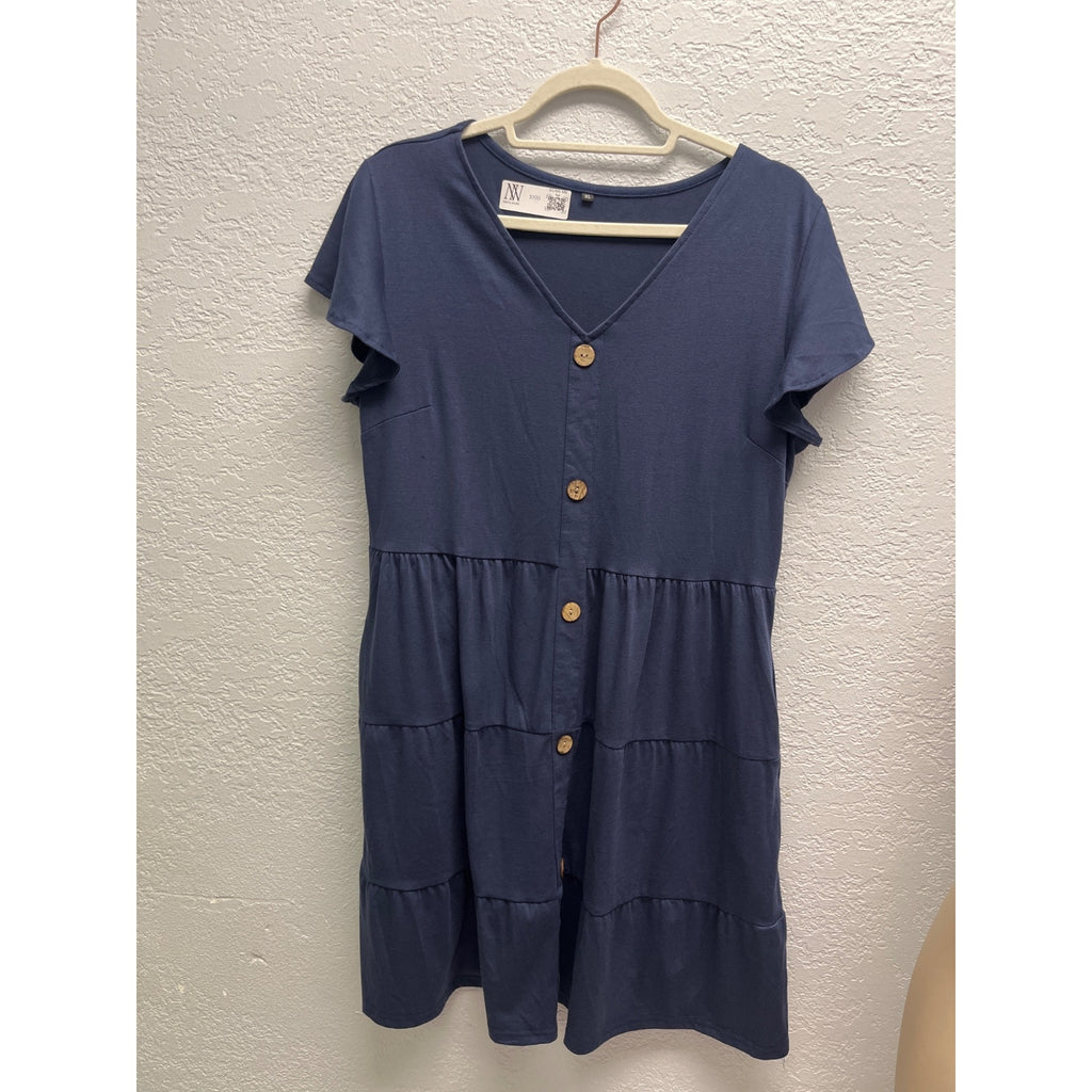 #1099 Women's Tiered Button-Down Navy Blue Dress V-Neck Short Sleeve Size XL