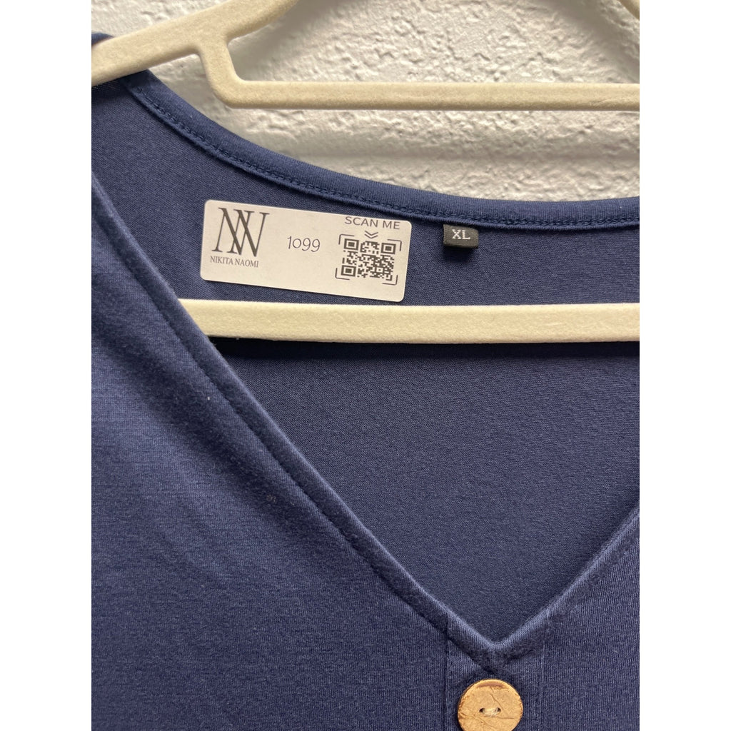 #1099 Women's Tiered Button-Down Navy Blue Dress V-Neck Short Sleeve Size XL