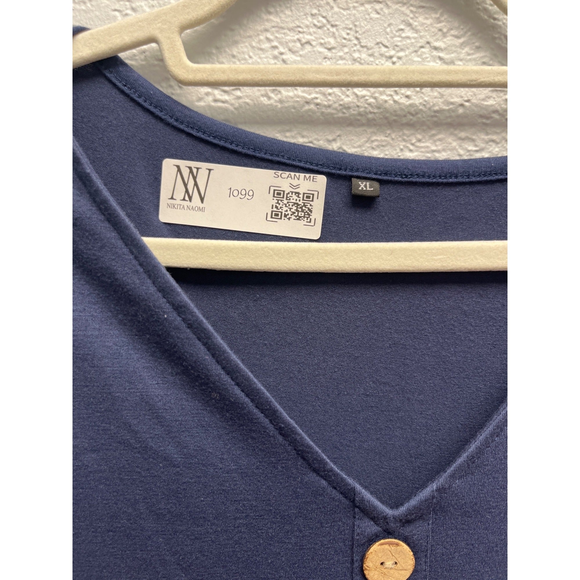 #1099 Women's Tiered Button-Down Navy Blue Dress V-Neck Short Sleeve Size XL