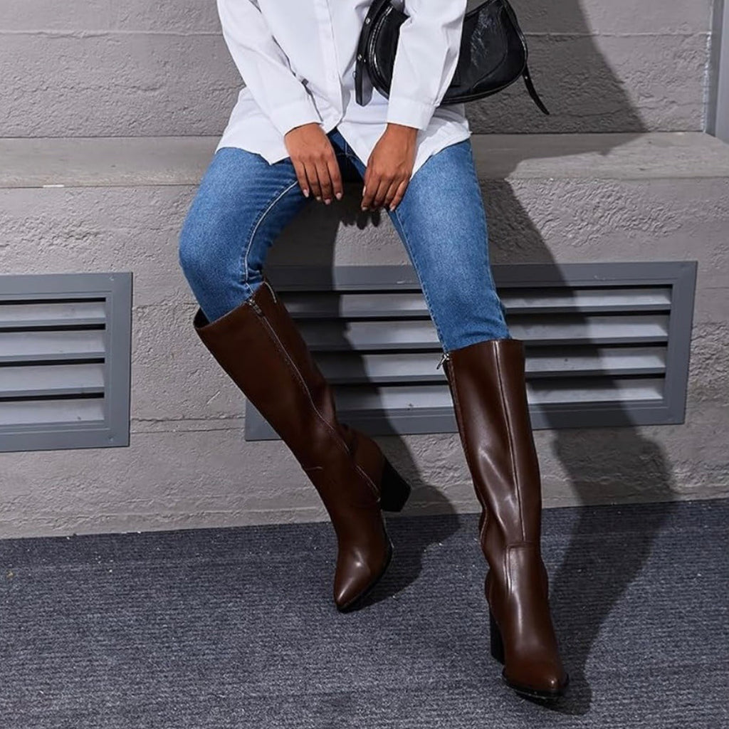 MOTIMODEN Women’s Size 7.5 Knee High Boots Retro Chunky Heel Pointed Toe Pull On