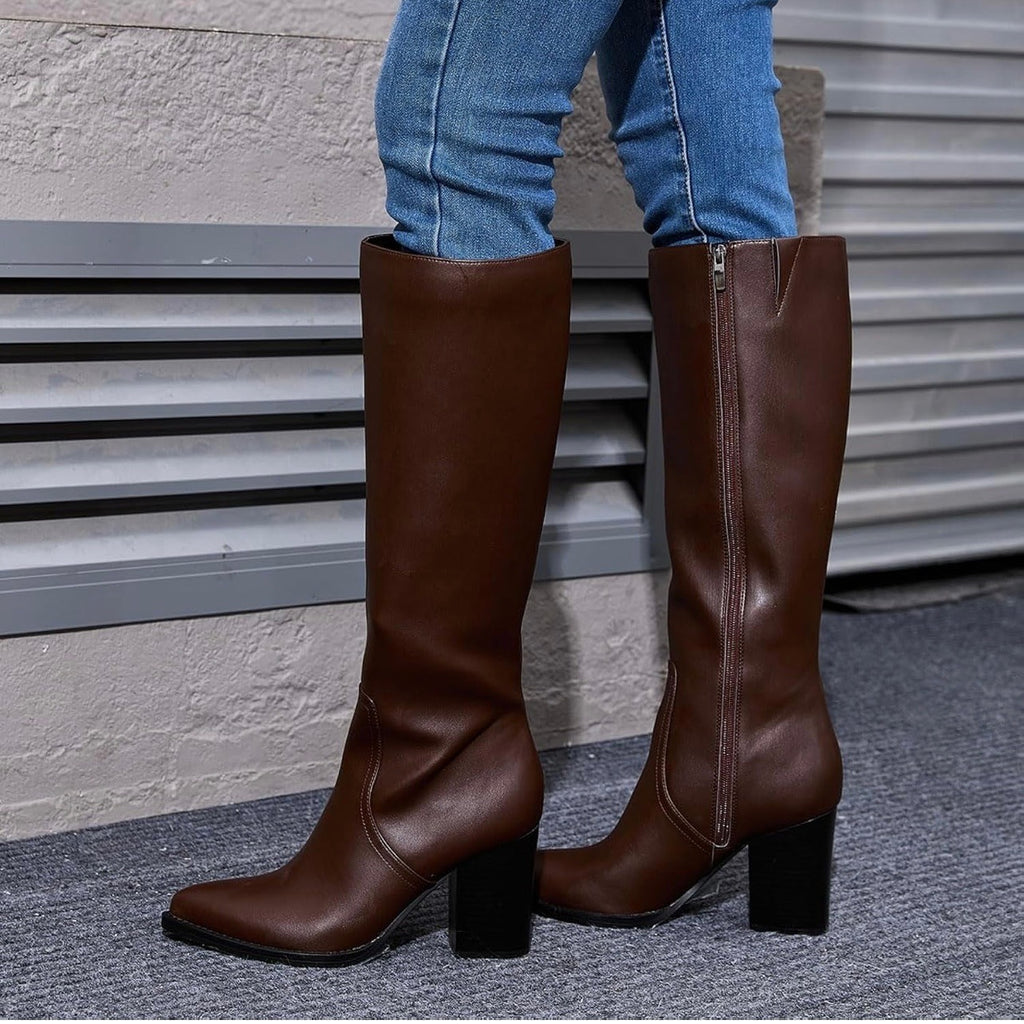 MOTIMODEN Women’s Size 7.5 Knee High Boots Retro Chunky Heel Pointed Toe Pull On