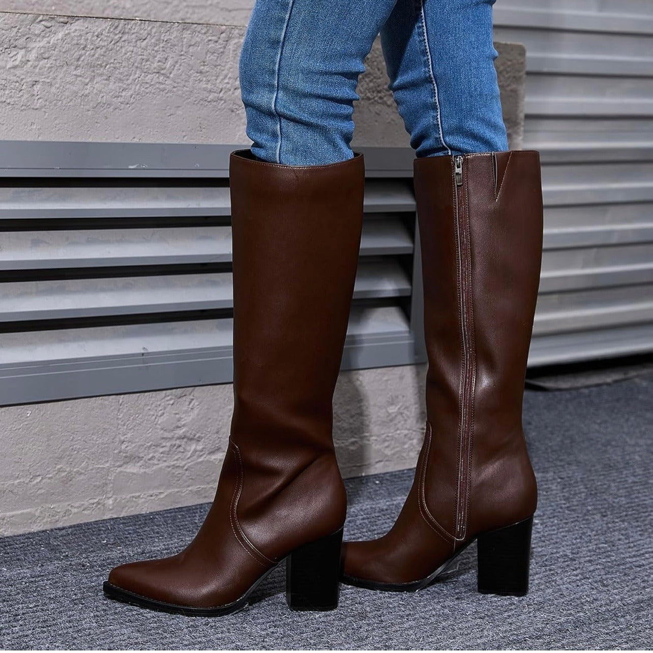 MOTIMODEN Women’s Size 7.5 Knee High Boots Retro Chunky Heel Pointed Toe Pull On