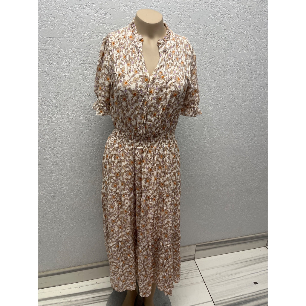 #1105 By The Driver Floral Smocked Midi Dress Short Sleeves & Ruffled Collar Size S