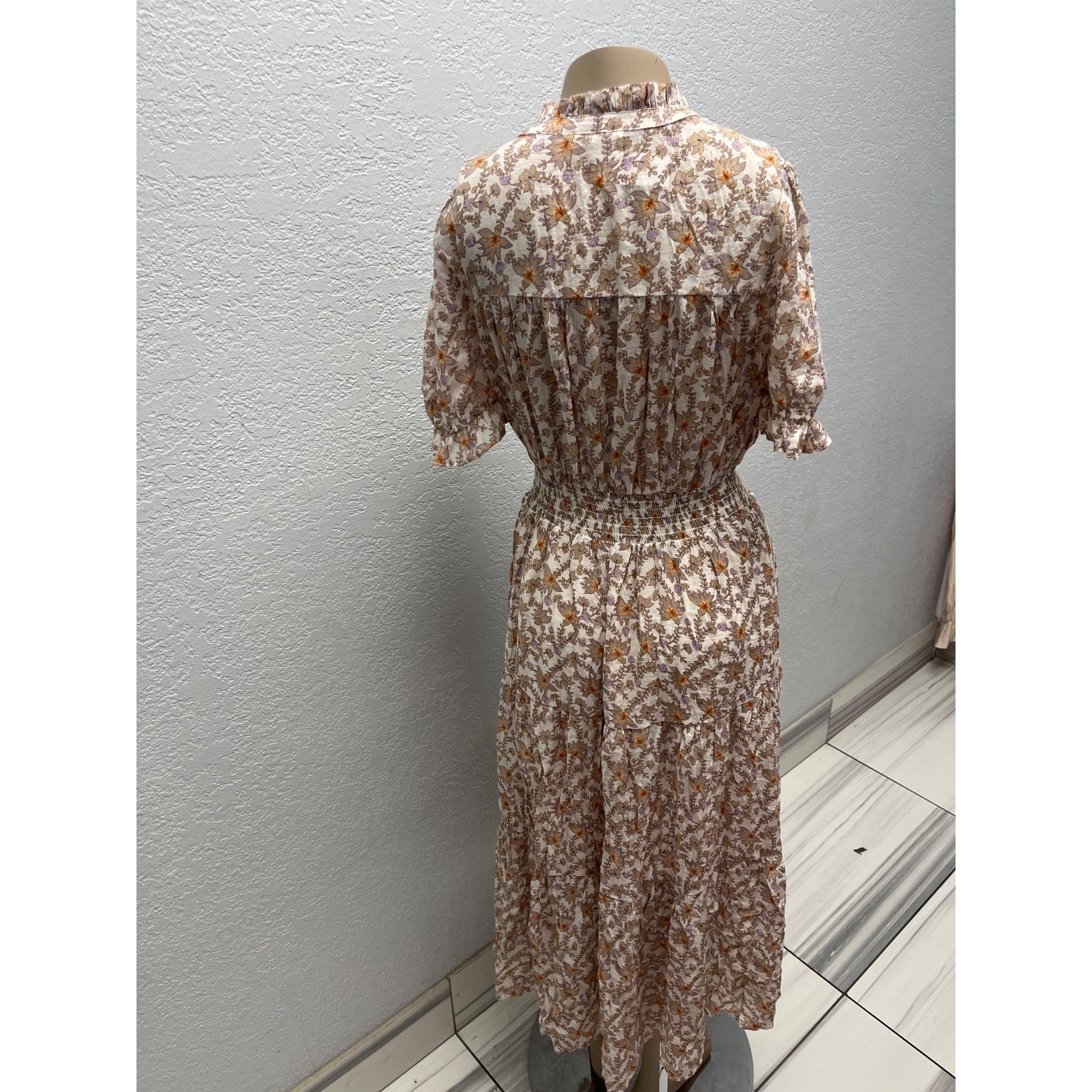 #1105 By The Driver Floral Smocked Midi Dress Short Sleeves & Ruffled Collar Size S