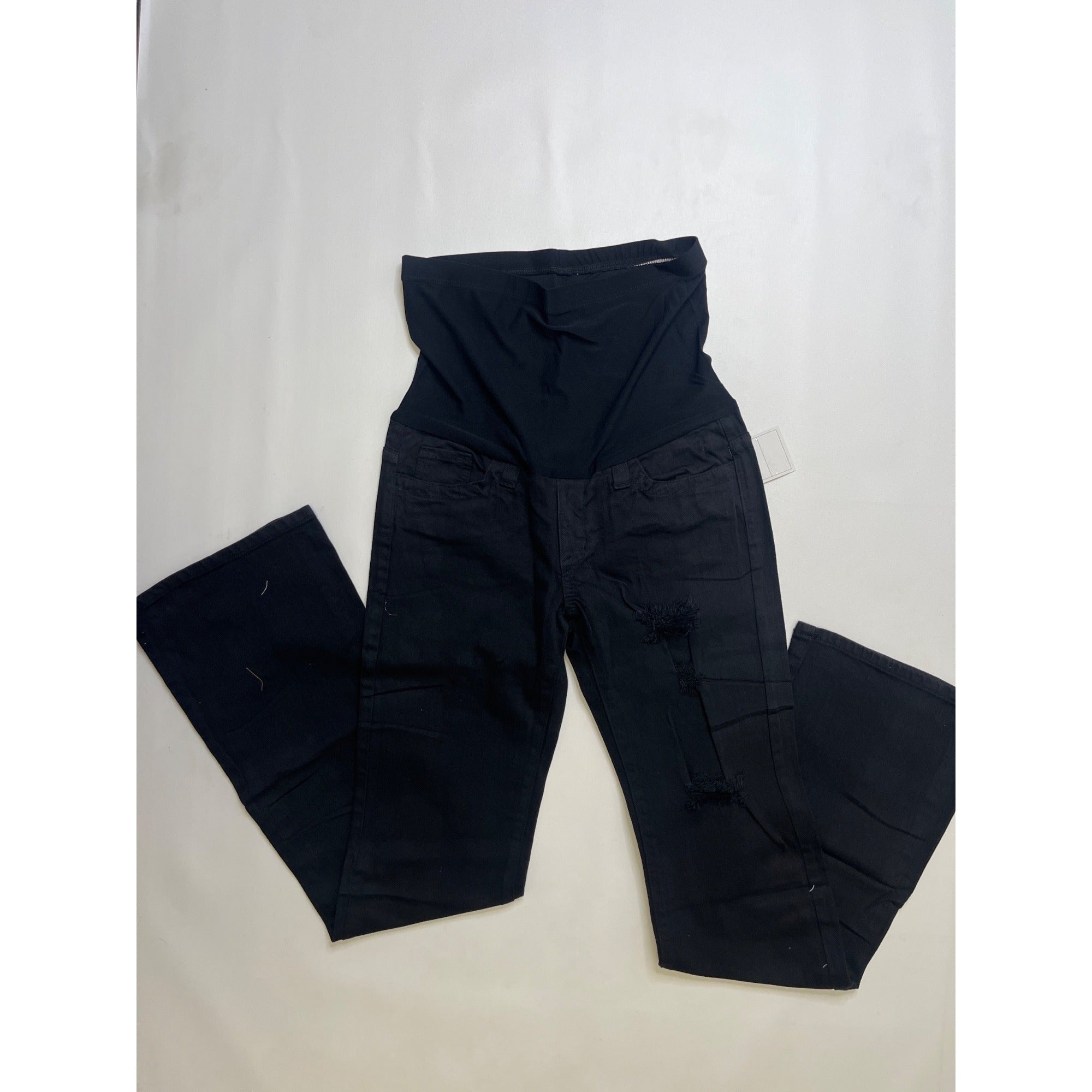 #1056 Oh Mamma! Maternity M Indigo Blue Black Distressed Bootcut Jeans
