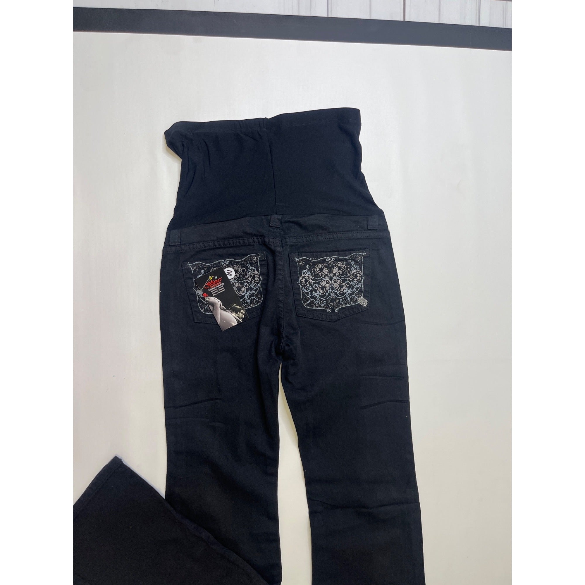 #1056 Oh Mamma! Maternity M Indigo Blue Black Distressed Bootcut Jeans