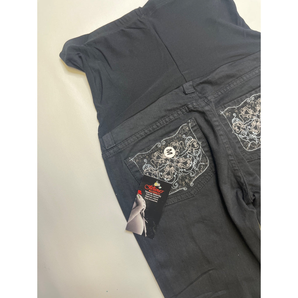 #1056 Oh Mamma! Maternity M Indigo Blue Black Distressed Bootcut Jeans