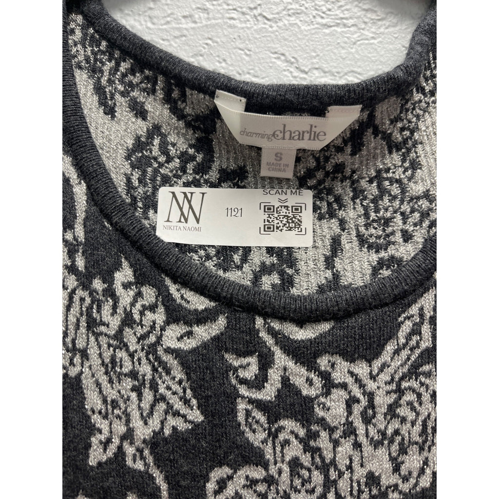 #1121 Charming Charlie Black Gray Floral Jacquard Sleeveless Mini Dress Size S
