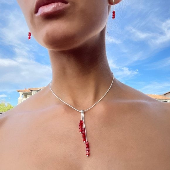 Boutique Collection Silver Necklace & Earrings Set With Red Beads
