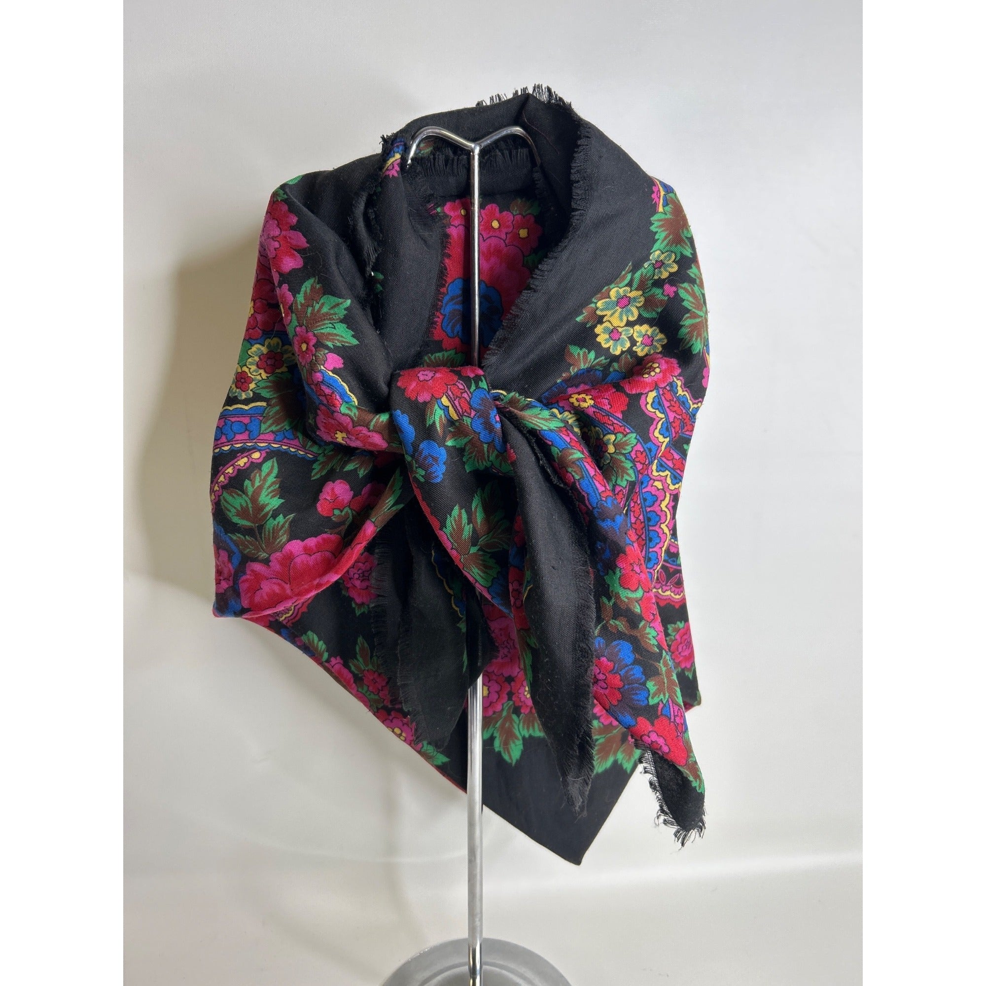 Floral Black Scarf With Bright Pink & Blue Patterned Accents Square Cut