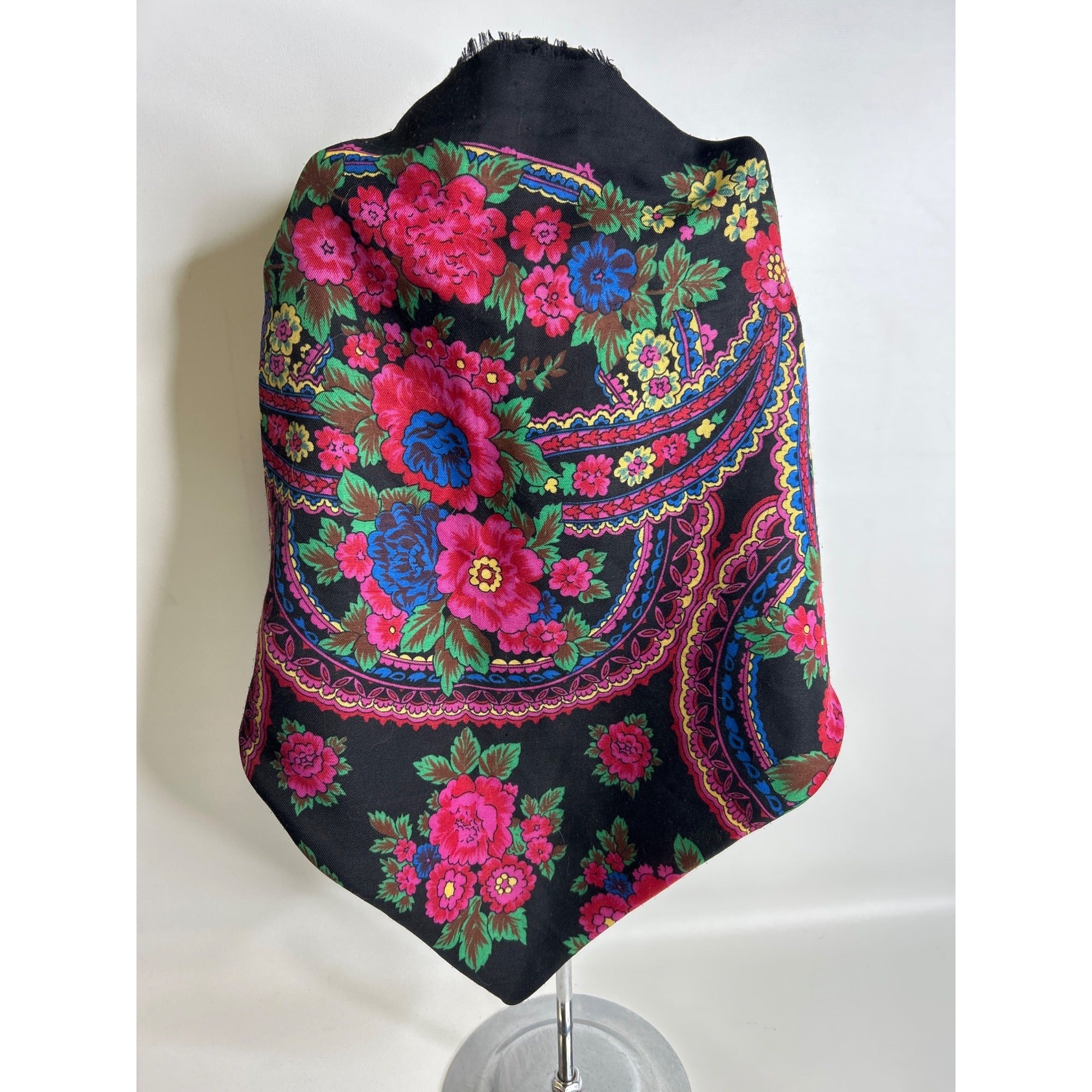 Floral Black Scarf With Bright Pink & Blue Patterned Accents Square Cut