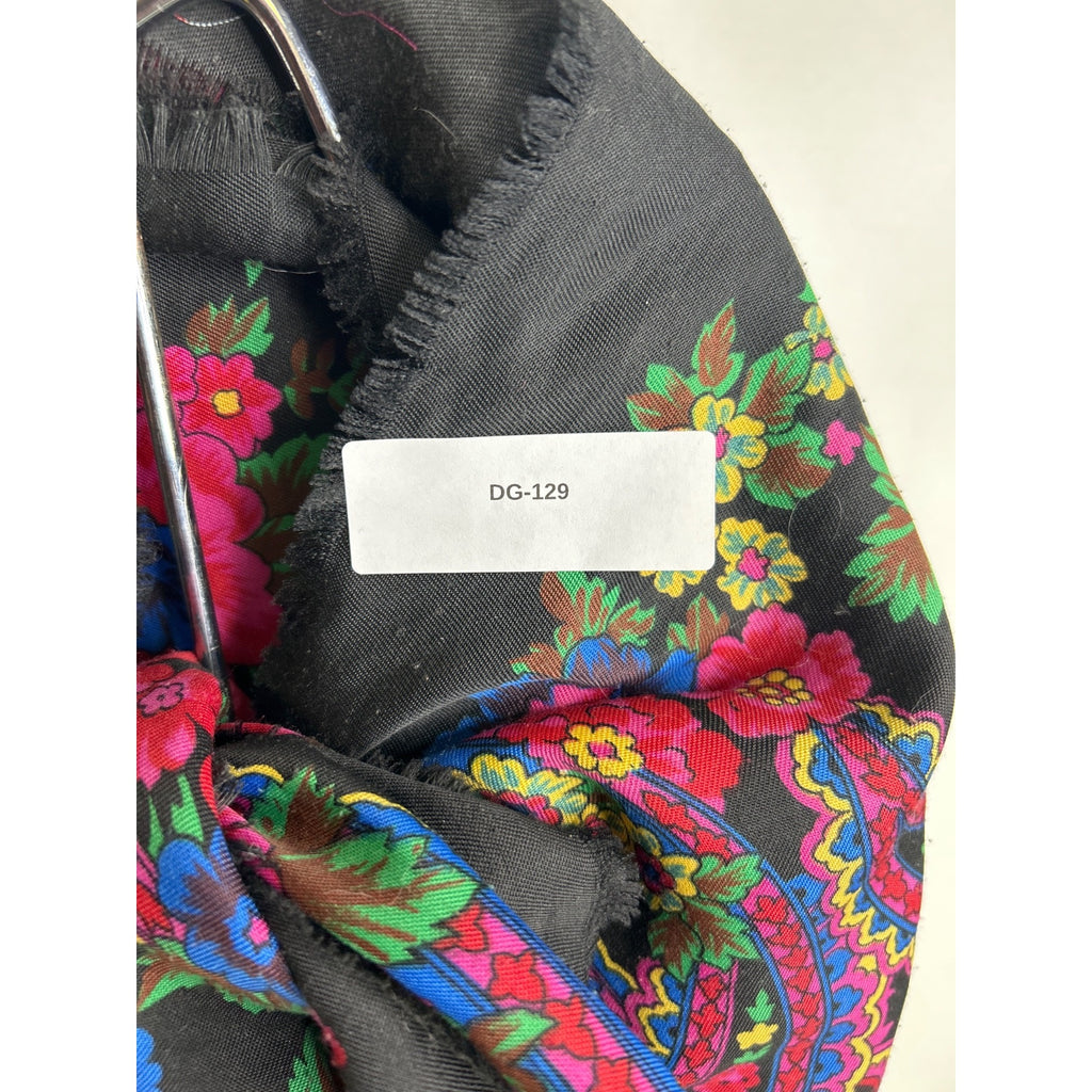 Floral Black Scarf With Bright Pink & Blue Patterned Accents Square Cut