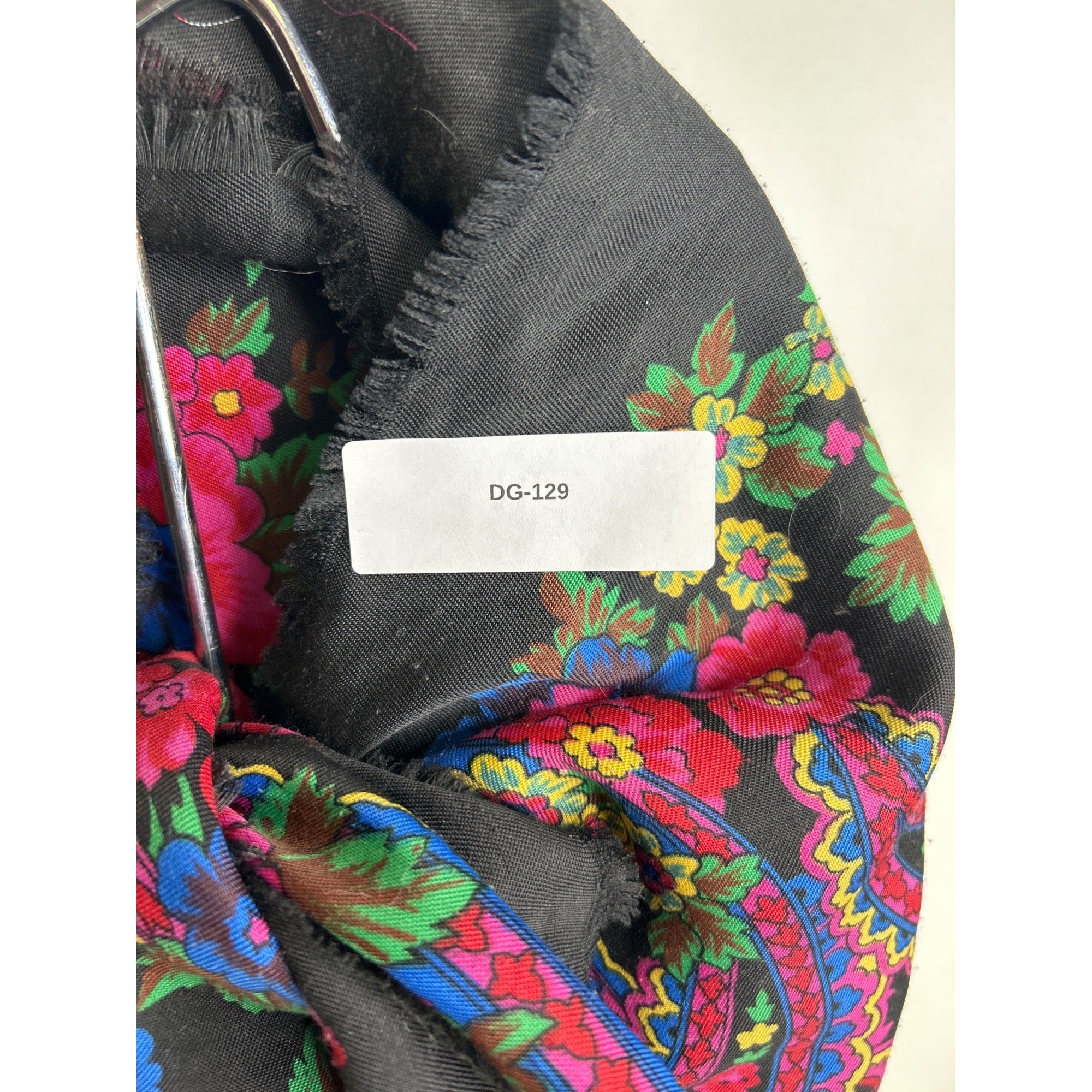 Floral Black Scarf With Bright Pink & Blue Patterned Accents Square Cut
