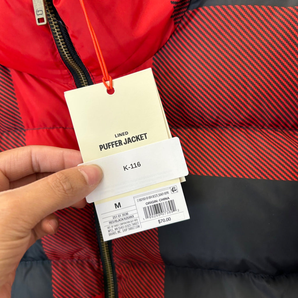 K-116 Woolrich Red/Black Checkered Puffer Jacket Full-Zip Winter Coat Size Medium