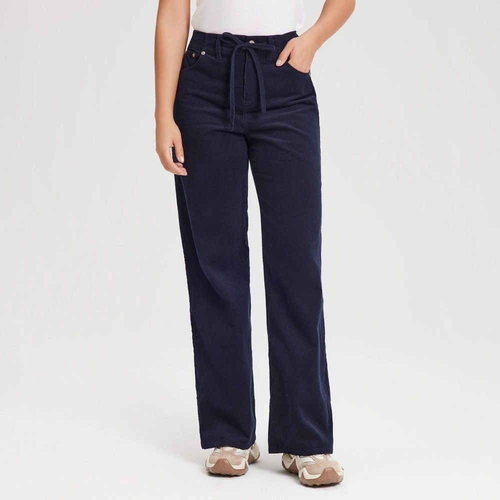 K-225 Universal Thread Elastic Waist Corduroy Wide-Leg Pants Navy Size M