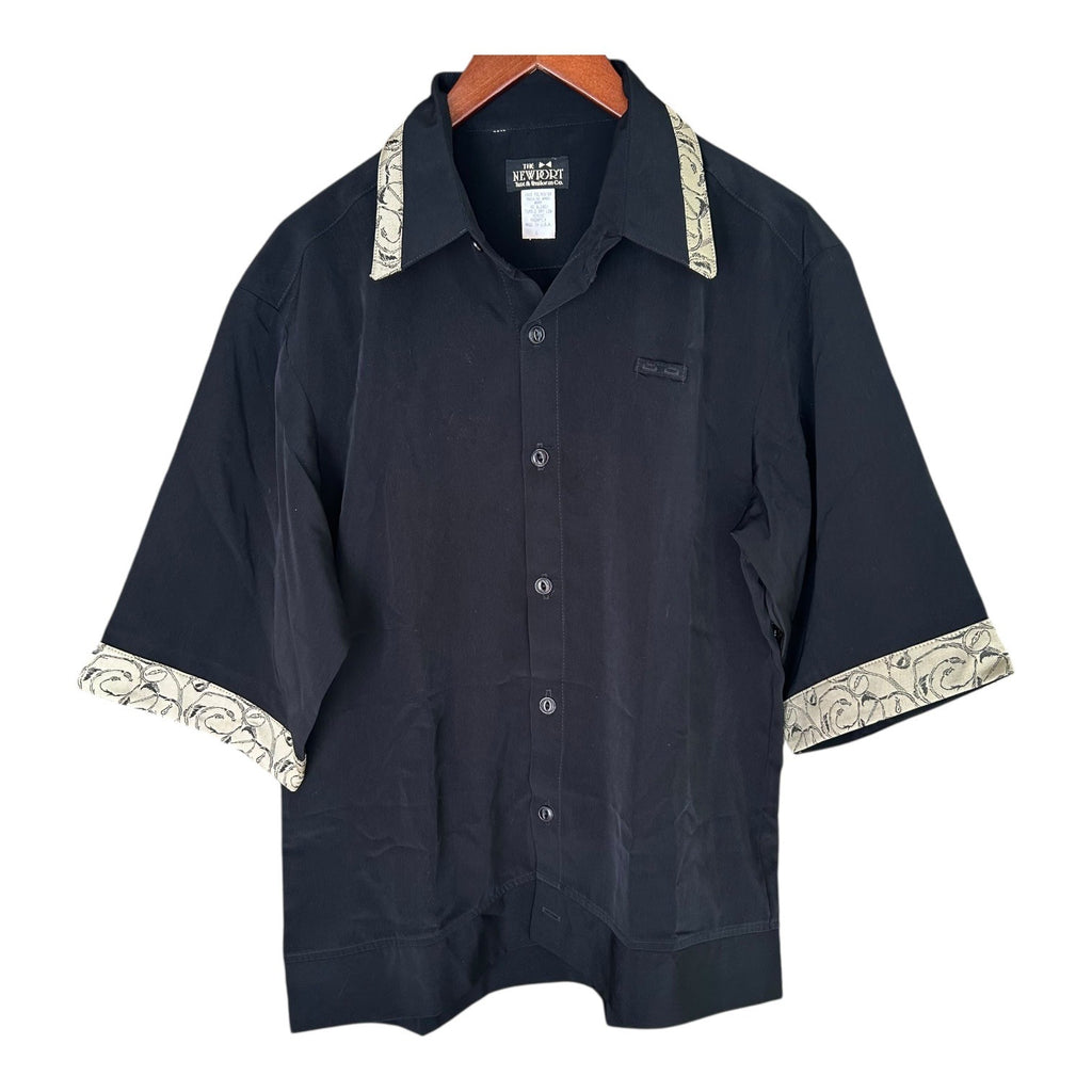 Newport Black Button-Up Shirt W/ Abstract Trim Design Short Sleeve Small