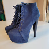 Qupid Women's Size 7.5 Blue Faux Suede Platform Ankle Booties Stiletto Heels