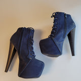 Qupid Women's Size 7.5 Blue Faux Suede Platform Ankle Booties Stiletto Heels