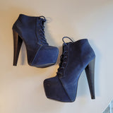 Qupid Women's Size 7.5 Blue Faux Suede Platform Ankle Booties Stiletto Heels