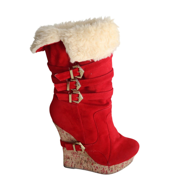 Alba Red Suede Wedged Boots With Faux Fur Trim Women's Size 7.5