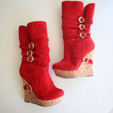 Alba Red Suede Wedged Boots With Faux Fur Trim Women's Size 7.5