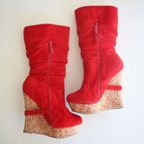 Alba Red Suede Wedged Boots With Faux Fur Trim Women's Size 7.5