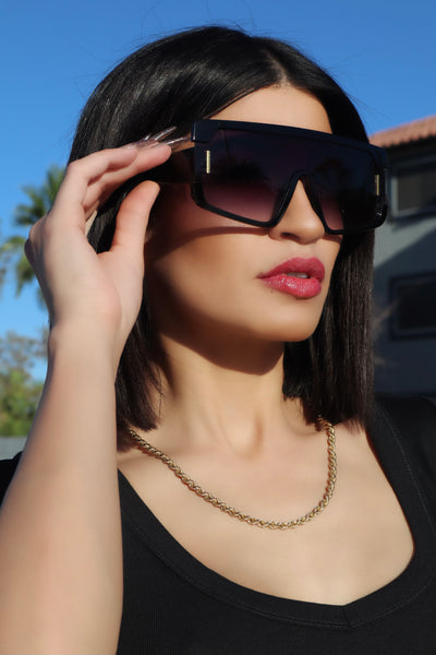 Call Me Naomi Square Flat Top Black Single Shield Sunglasses with Black Lens