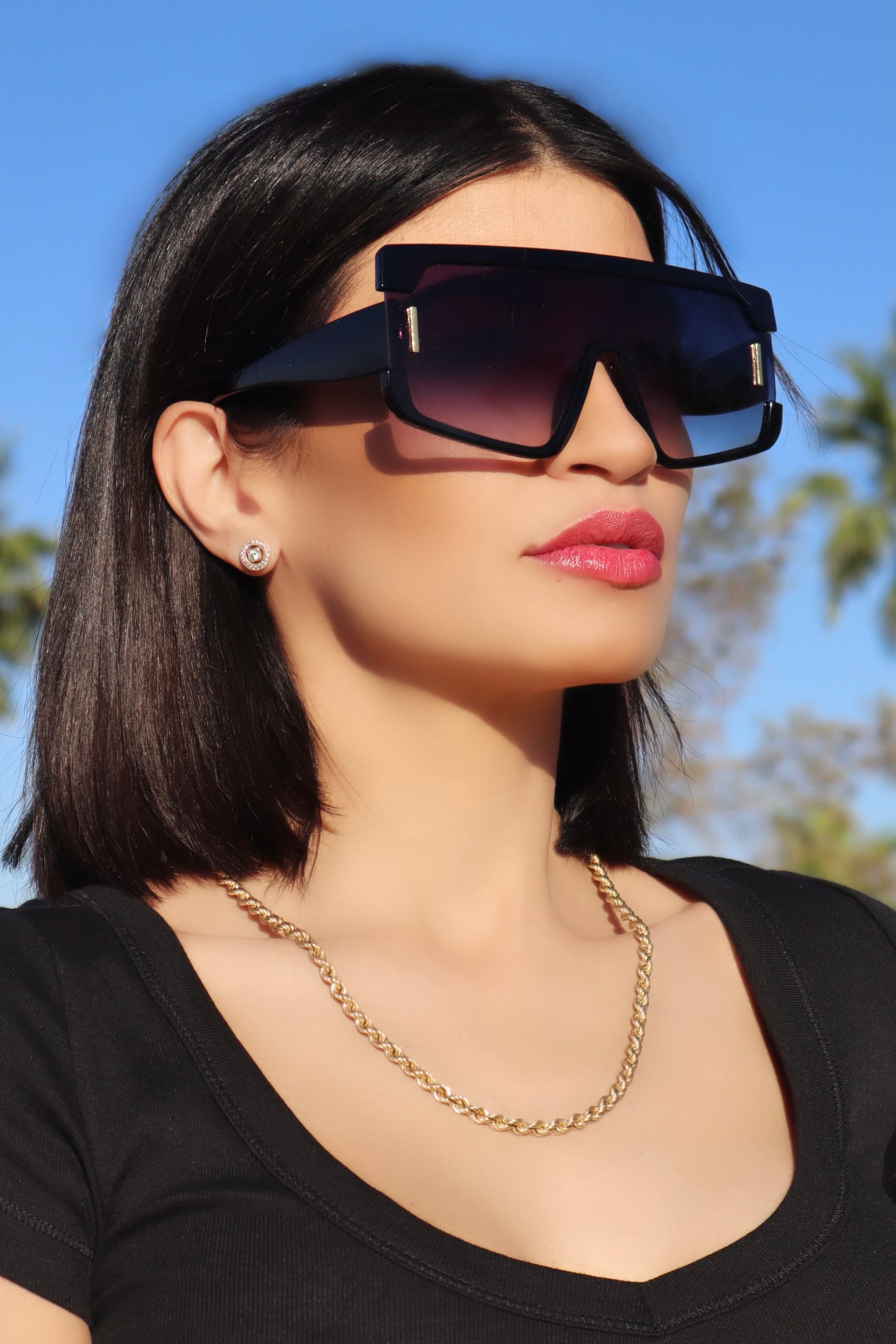 Call Me Naomi Square Flat Top Black Single Shield Sunglasses with Black Lens