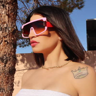 Call Me Naomi Square Flat Top Pink, Red Single Shield Sunglasses Brown Lens