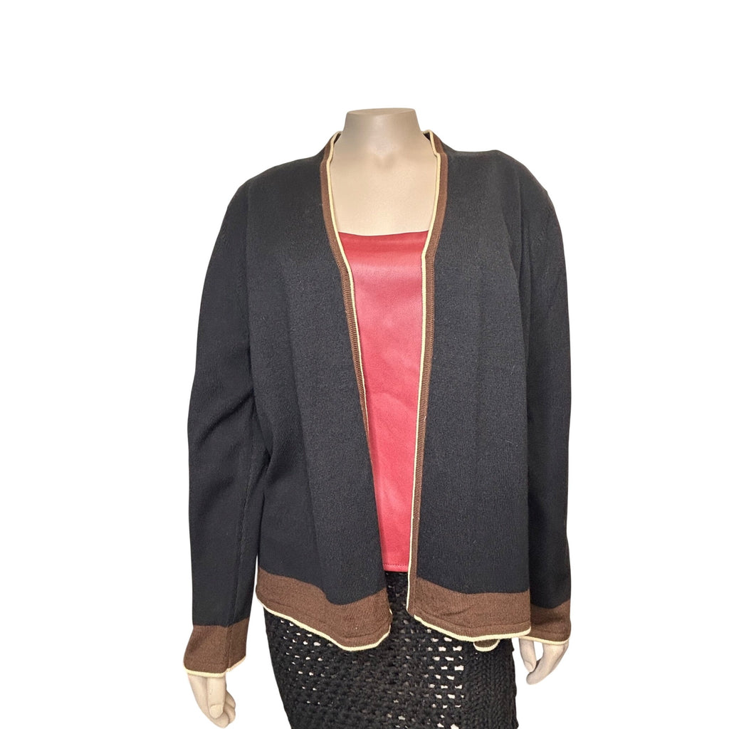 TG-46 Designer Originals Women's Black Cardigan W/ Brown Trim Open Front Size XL