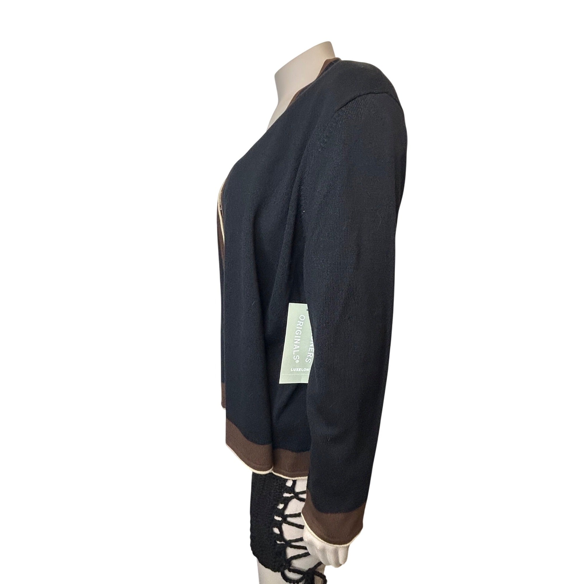 TG-46 Designer Originals Women's Black Cardigan W/ Brown Trim Open Front Size XL