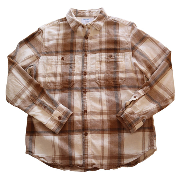 Old Navy Mens Double-Brushed Flannel Shirt M White/Brown Plaid