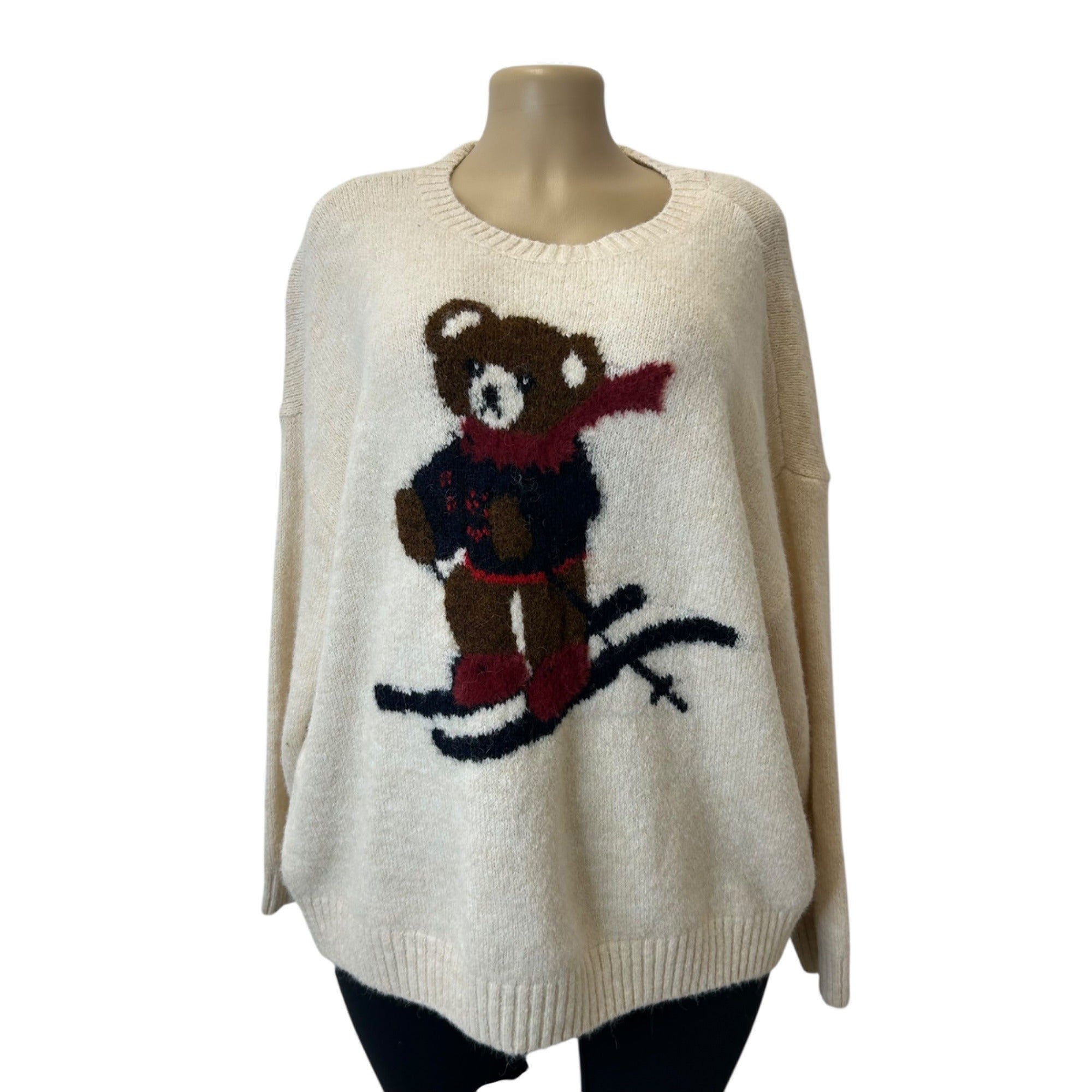 K-106 Wild Fable Women's Beige Sweater With Skiing Teddy Bear Design Size XL
